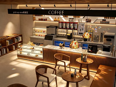 Warm Modern Coffee Shop Interior With Bakery Display Counter Comfortable Seating And Soft Ambient Lighting 3d model
