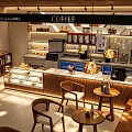 Warm Modern Coffee Shop Interior With Bakery Display Counter Comfortable Seating And Soft Ambient Lighting