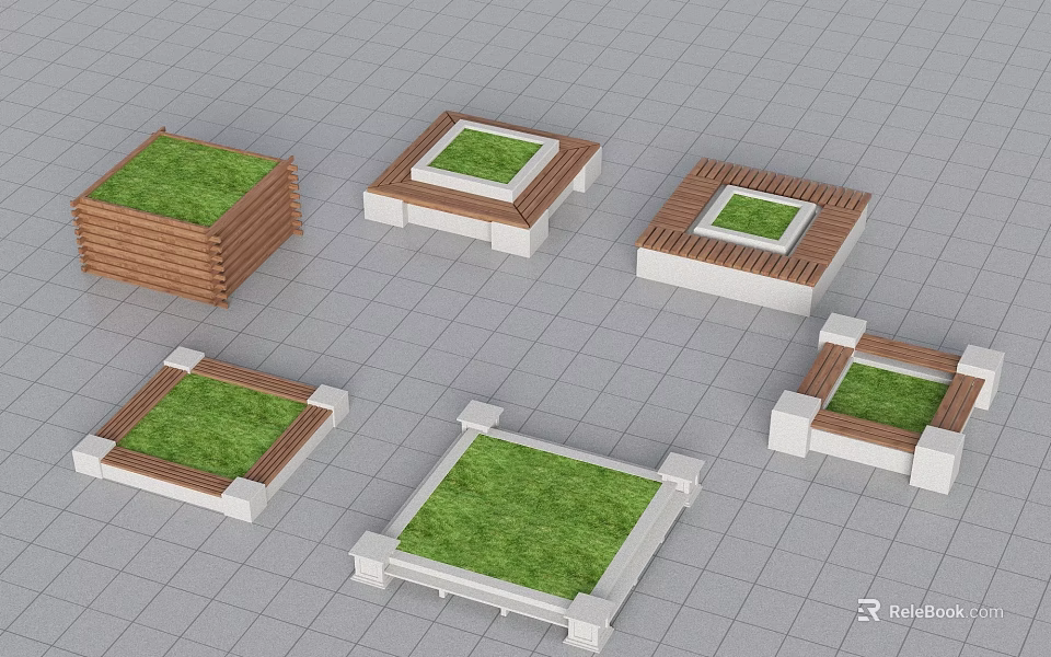 Various Tree Planters Design With Wooden And Stone Frames And Green Grass 3d model