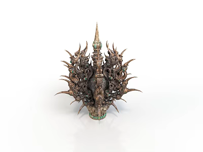 Intricate Bronze Metal Furniture Sculpture With Spiked Decorations And Green Accents 3d model