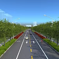 Wide Modern Urban Road Intersection With Lush Surrounding Green Trees And Orderly Running Vehicles