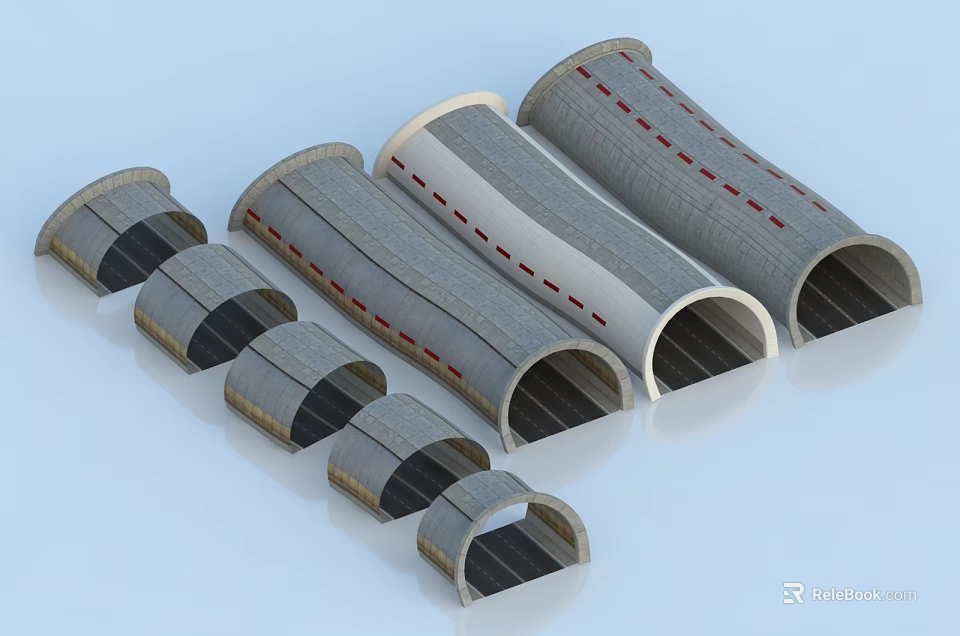 Road Infrastructure With Various Sizes Curved Gray Pipes Featuring Red Dashed Lines 3d model 