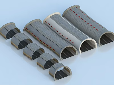 Road Infrastructure With Various Sizes Curved Gray Pipes Featuring Red Dashed Lines 3d model