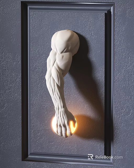 Modern Artistic Muscular Arm Sculpture Wall Lamp Holding Glowing Light Mounted on Textured Wall 3d model 