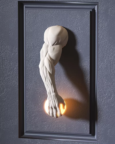 Modern Artistic Muscular Arm Sculpture Wall Lamp Holding Glowing Light Mounted on Textured Wall 3d model
