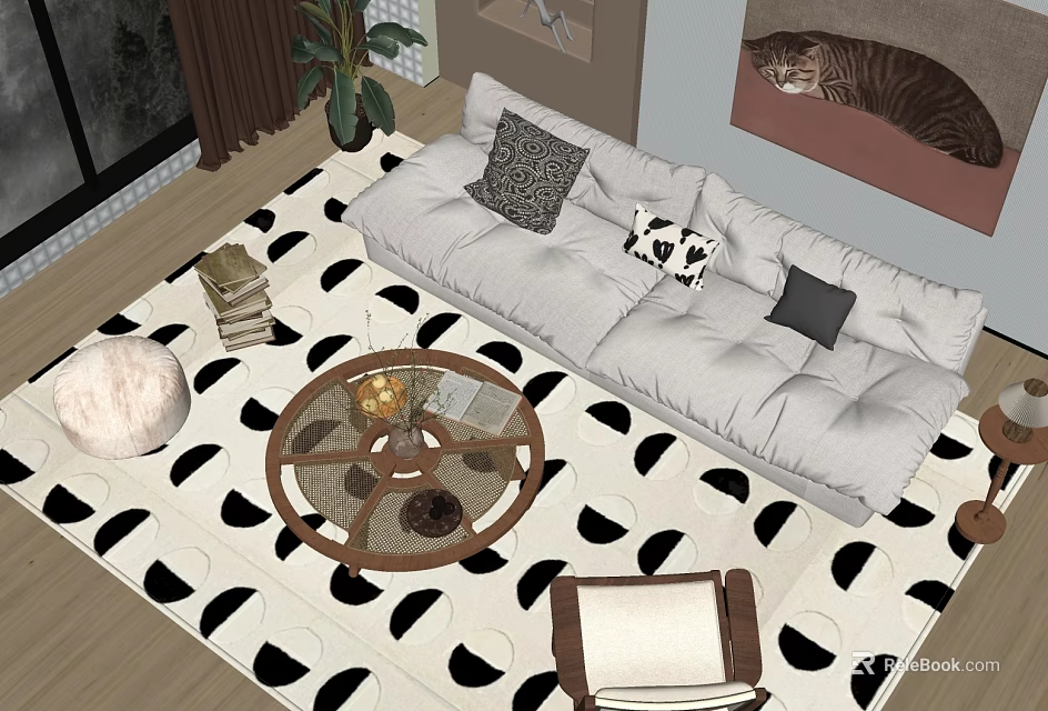 Light Gray Sofa with Decorative Pillows and Round Wooden Coffee Table on Black White Geometric Rug 3d model 