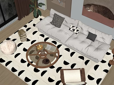 Light Gray Sofa with Decorative Pillows and Round Wooden Coffee Table on Black White Geometric Rug 3d model