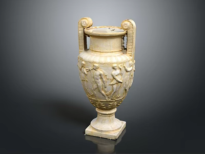 Ancient Style Ceramic Vessel With Carved Figures And Twin Handles On Square Base 3d model