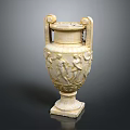 Ancient Style Ceramic Vessel With Carved Figures And Twin Handles On Square Base