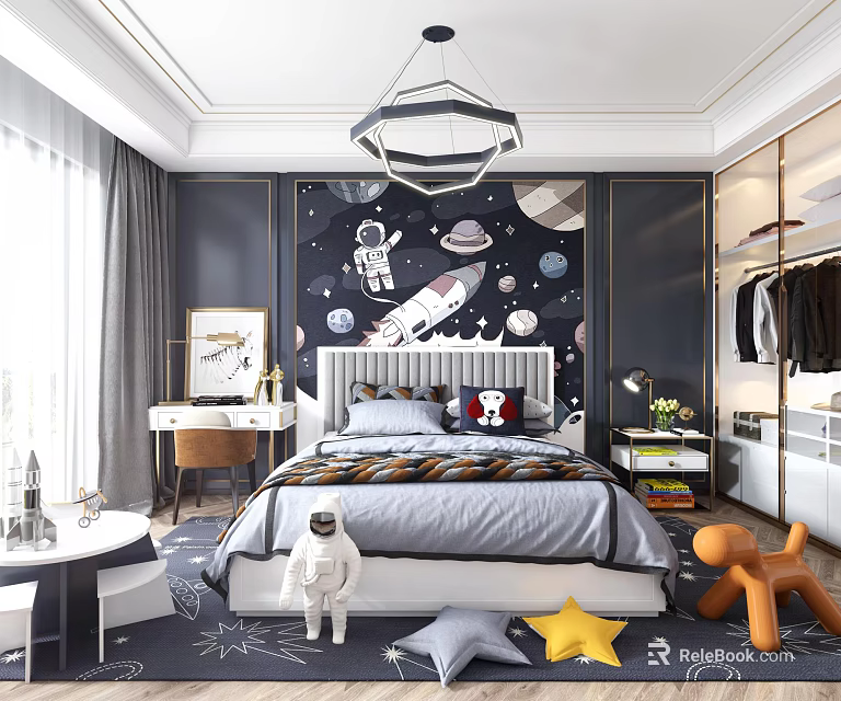 Space Themed Kids Bedroom With Astronaut Rocket Planets Bed And Star Decor 3d model 