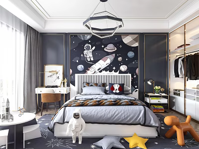 Space Themed Kids Bedroom With Astronaut Rocket Planets Bed And Star Decor 3d model