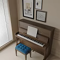 Wooden Piano With Sheet Music Blue Stool And Wall Paintings In Room Setting