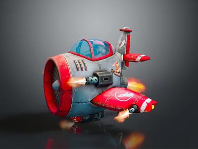 Cartoon Airplane With Red And Gray Body Propeller Flames On Wings And Blue Transparent Cockpit 3d model