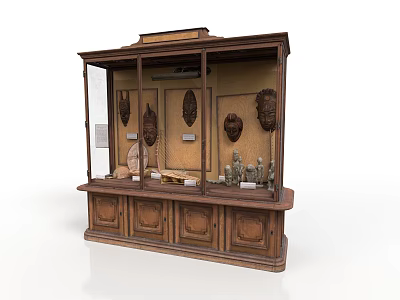 Vintage Wooden Display Cabinet With Glass Doors And Various Exhibits Inside 3d model