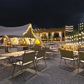 Garden Landscape Design With Illuminated Architectural Structures Surrounding Trees And Open Seating Areas