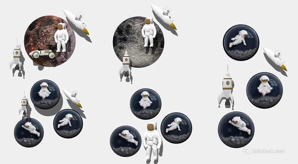 Space Themed Wall Decor With Astronaut Rocket And Moon Surface Circular Designs 3d model