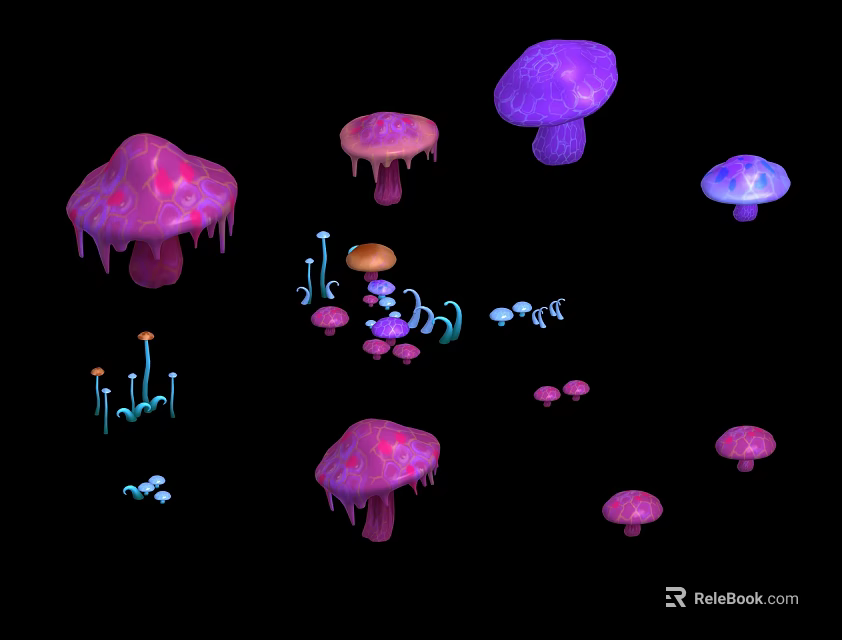 Vibrant Colorful Glowing Mushrooms In Various Shapes And Sizes On Black Background 3d model 