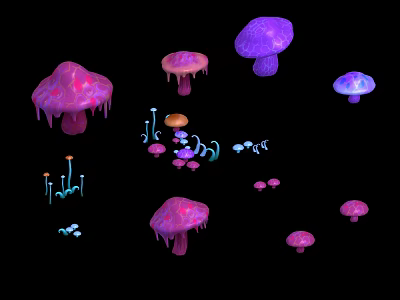 Vibrant Colorful Glowing Mushrooms In Various Shapes And Sizes On Black Background 3d model