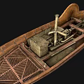 Vintage Wooden Boat Model With Intricate Carvings And Mechanical Components