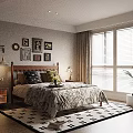 Cozy Bedroom with Wall Art Bedside Table Lamp Patterned Rug Window Blinds and Potted Plant