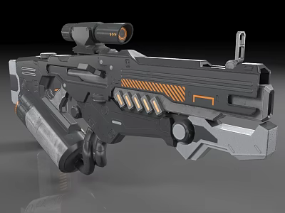 Sci Fi Weapon With Scope Orange Accent Lines Mechanical Design Gray Black Body 3d model