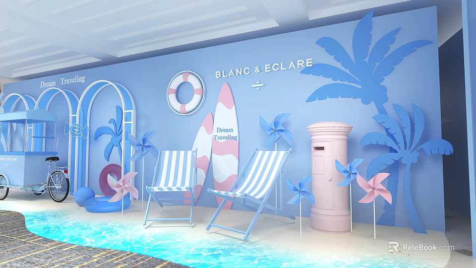 Blanc Eclaire Themed Decorative Scene With Blue Wall Palm Trees And Striped Deck Chairs 3d model 