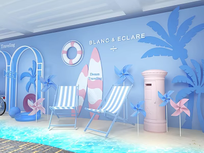Blanc Eclaire Themed Decorative Scene With Blue Wall Palm Trees And Striped Deck Chairs 3d model