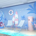 Blanc Eclaire Themed Decorative Scene With Blue Wall Palm Trees And Striped Deck Chairs