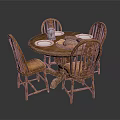 Classic Wooden Dining Table With Four Chairs And Tableware On Top 3d model