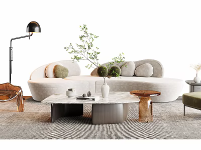 Modern Sofa Coffee Table Set With Marble Top Metal Frame Green Plants And Floor Lamp 3d model