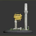 Decorative Miniature Scene With Arch Columns Golden Spiral Green Blocks And Stone Pieces