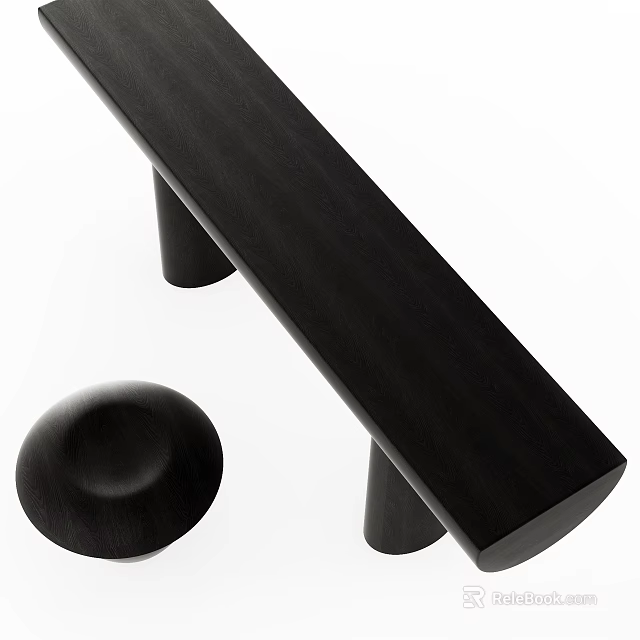 Modern Black Minimalist Stool With Long Wooden Seat And Cylindrical Legs 3d model 