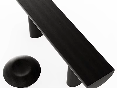 Modern Black Minimalist Stool With Long Wooden Seat And Cylindrical Legs 3d model