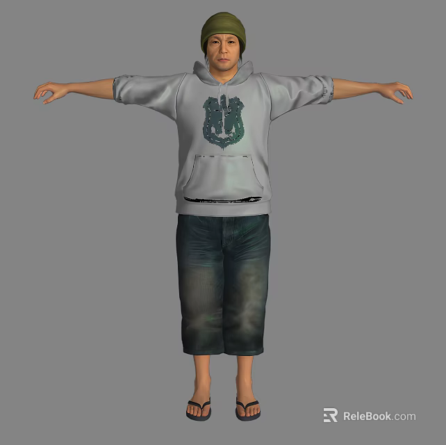 Man in Gray Hoodie With Emblem and Capri Jeans Arms Outstretched Against Gray Background 3d model 