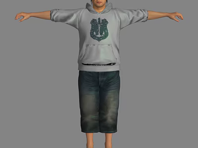 Man in Gray Hoodie With Emblem and Capri Jeans Arms Outstretched Against Gray Background 3d model
