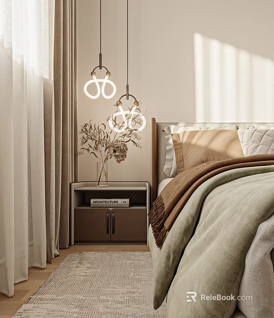 Modern Bedroom Interior With Pendant Lights Nightstand Dried Flower Vase And Cozy Bedding 3d model 