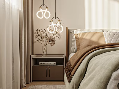 Modern Bedroom Interior With Pendant Lights Nightstand Dried Flower Vase And Cozy Bedding 3d model