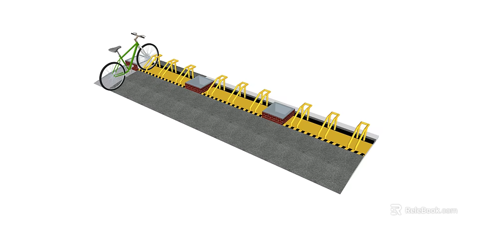 Yellow Bicycle Parking Rack With Green Bicycle Parked On Gray Paved Ground 3d model 