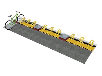 Yellow Bicycle Parking Rack With Green Bicycle Parked On Gray Paved Ground 3d model