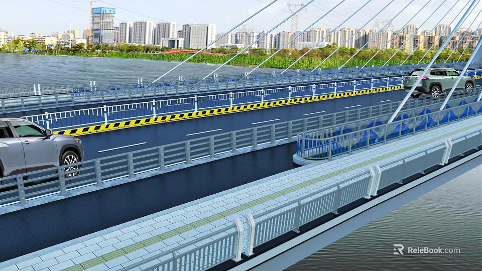 Modern Urban Bridge With Vehicle On Road Railing And City Skyline By River 3d model 