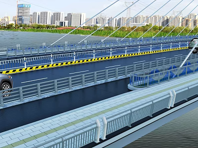 Modern Urban Bridge With Vehicle On Road Railing And City Skyline By River 3d model