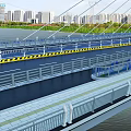 Modern Urban Bridge With Vehicle On Road Railing And City Skyline By River