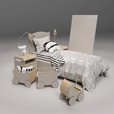 Kids Bed with Gray Headboard Black White Striped Blanket Cloud Sheets and Wooden Toy Carts 3d model