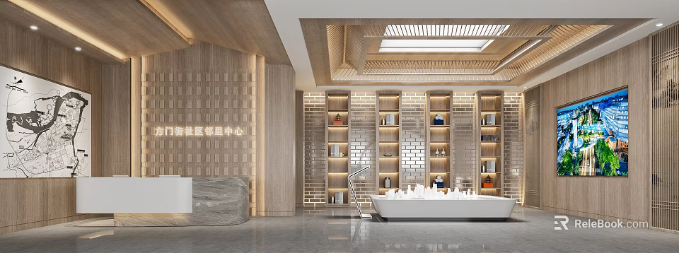 Modern Sales Office Interior With Wooden Walls And Display Shelves 3d model 