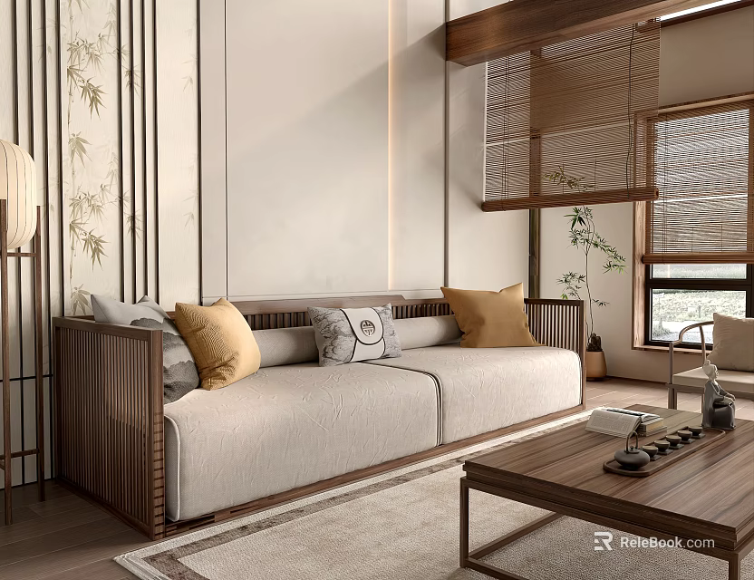 Elegant Chinese Style Sofa And Coffee Table Set With Wooden Frame Cushions And Bamboo Wall 3d model 