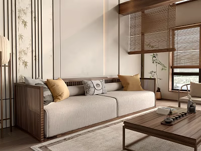 Elegant Chinese Style Sofa And Coffee Table Set With Wooden Frame Cushions And Bamboo Wall 3d model