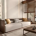 Elegant Chinese Style Sofa And Coffee Table Set With Wooden Frame Cushions And Bamboo Wall