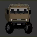 Brown Military Cargo Truck With Camouflage Tarp Covered Bed And Multiple Wheels