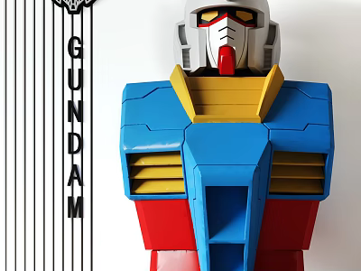 Gundam Robot Figure Featuring Blue Red Yellow Mechanical Design And Detailed Head Torso 3d model