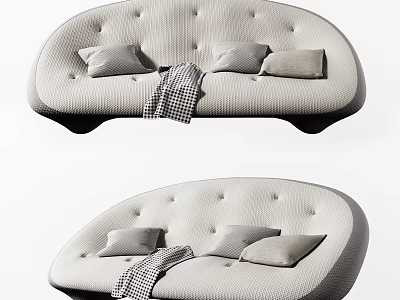 Modern Cozy Two Seater Sofa With Ivory Tufted Design Gray Pillows And Plaid Blanket 3d model